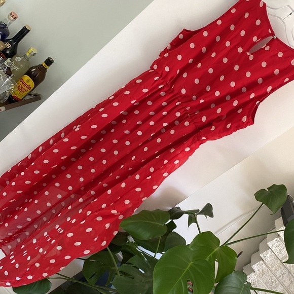 BOBEAU red white polka dots sheer chiffon dress L - Picture 5 of 5